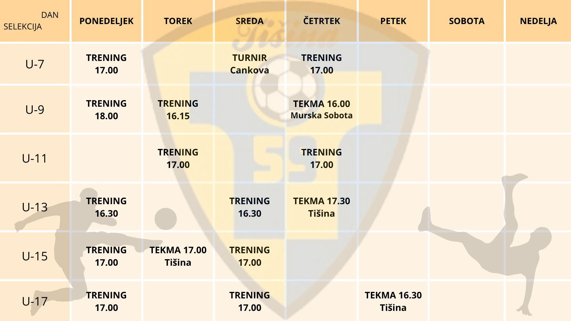 Razpored treningov, tekem in turnirjev mlajših selekcij za teden od 14. 9. do 20. 9. 2026